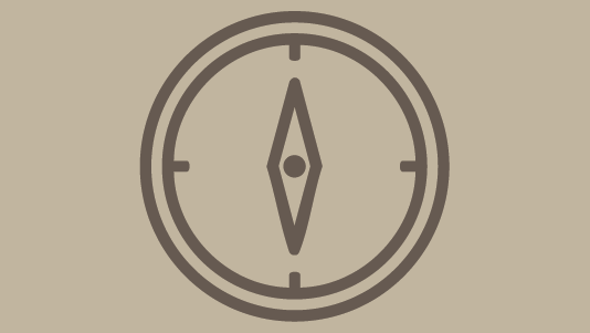 A simple brown compass icon centered on a beige background, minimal navigation symbol.