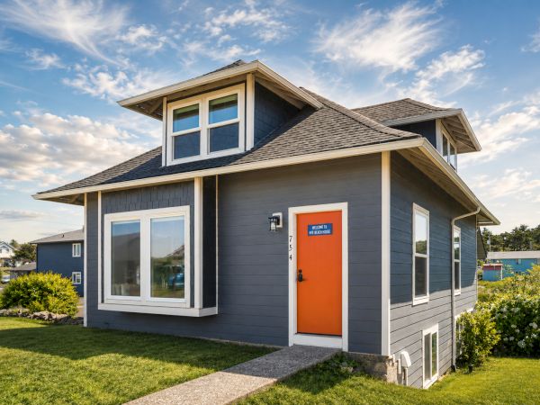 A modern small beach-style house with gray siding, white trim, an orange door, and a blue sky.